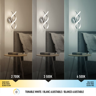 Side-by-side images feature the Artika DNA modern LED wall sconce 3 CCT above a bedside table and bed, demonstrating adjustable white technology with three color temperatures: warm (2700K), neutral (3500K), and cool white (4500K).