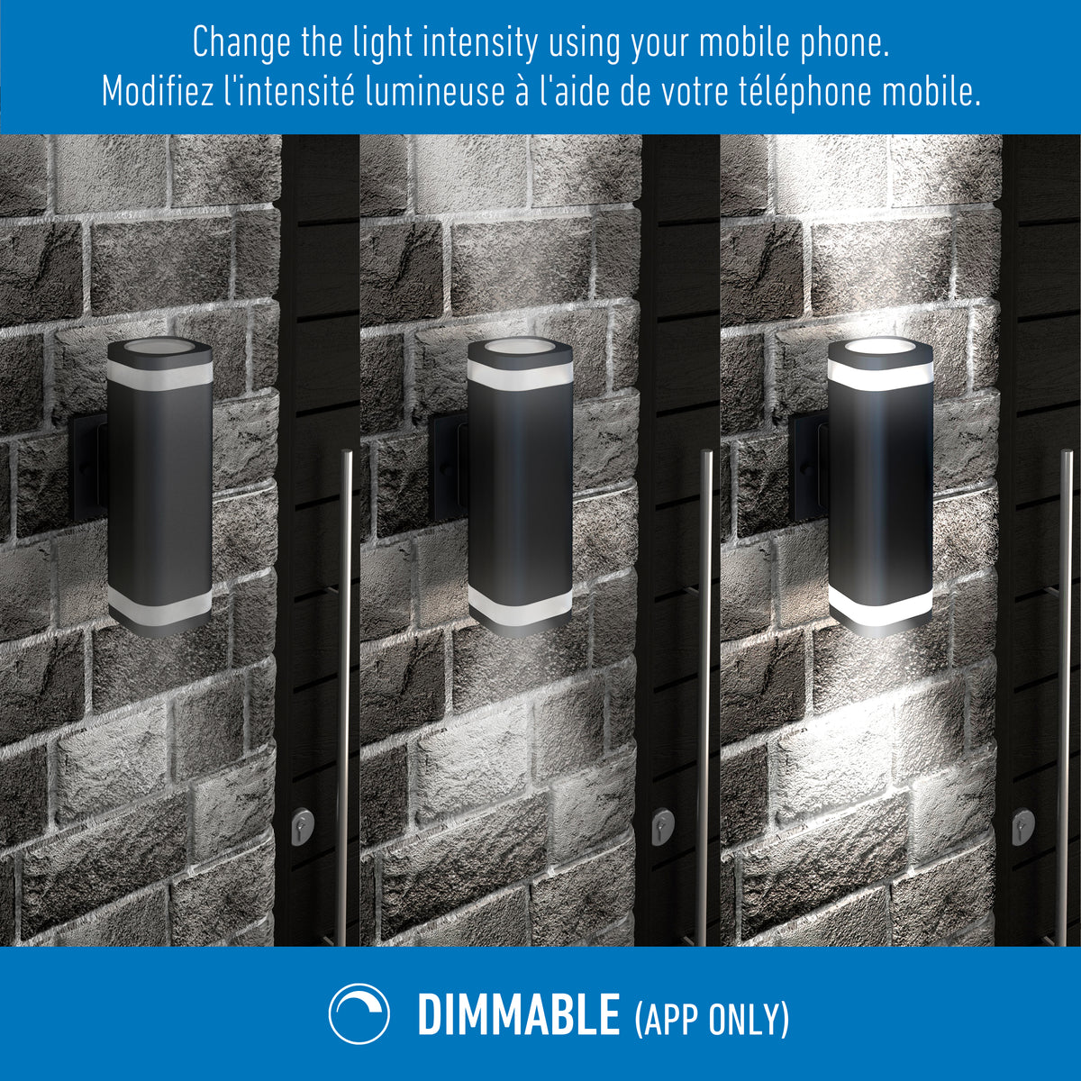 Three Stark modern LED indoor-outdoor lights by Artika are mounted on a brick wall, each at different brightness levels. The text explains you can adjust the light’s intensity via a mobile app. DIMMABLE (APP ONLY) appears below.