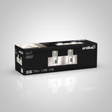 A black and white product box for an Artika Ratio 2 vanity light, featuring an image of the two-light fixture and icons highlighting LED technology, 50,000-hour lifespan, 5-year warranty, and 900 lumens.