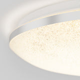 Close-up of a circular ceiling light fixture with a textured, frosted glass cover and a shiny metallic rim against a plain, light-colored background.