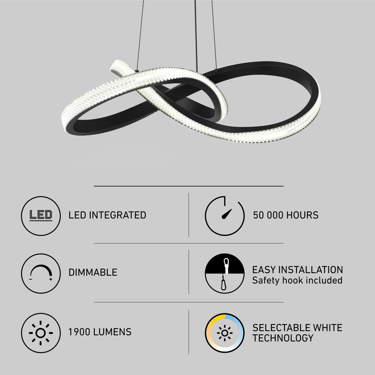Modern LED pendant light with a twisted circular design, accompanied by icons and text highlighting features: LED integrated, 50,000 hours life, dimmable, easy installation, 1900 lumens, and selectable white technology.