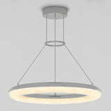 A modern circular pendant light with a frosted ring design, suspended from the ceiling by three thin metal cables against a plain, light gray background.
