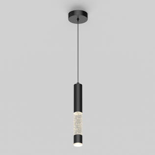 The Artika Mist LED pendant light features a modern black cylindrical design with a frosted bubble-accented segment and an illuminated bottom, hanging elegantly from the ceiling.
