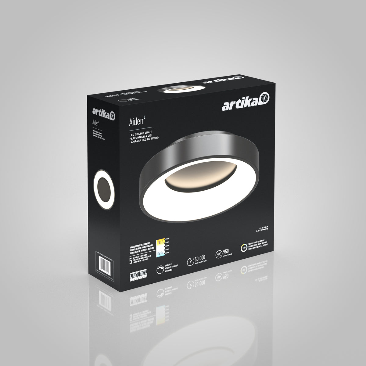A black Artika Aiden LED flush mount box displays an image of the round fixture on the front, product details on the side, all set against a gray gradient background.