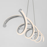 A modern pendant light fixture with multiple curved, chrome-finished arms arranged in a spiral shape, each arm featuring integrated LED lighting, suspended by two thin cables against a plain light background.