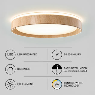 Artika Callisto 15 in. Modern LED flush mount ceiling light with light-wood trim, 2100 lumens, 5 CCT, 50,000-hour lifespan, and dimmability.