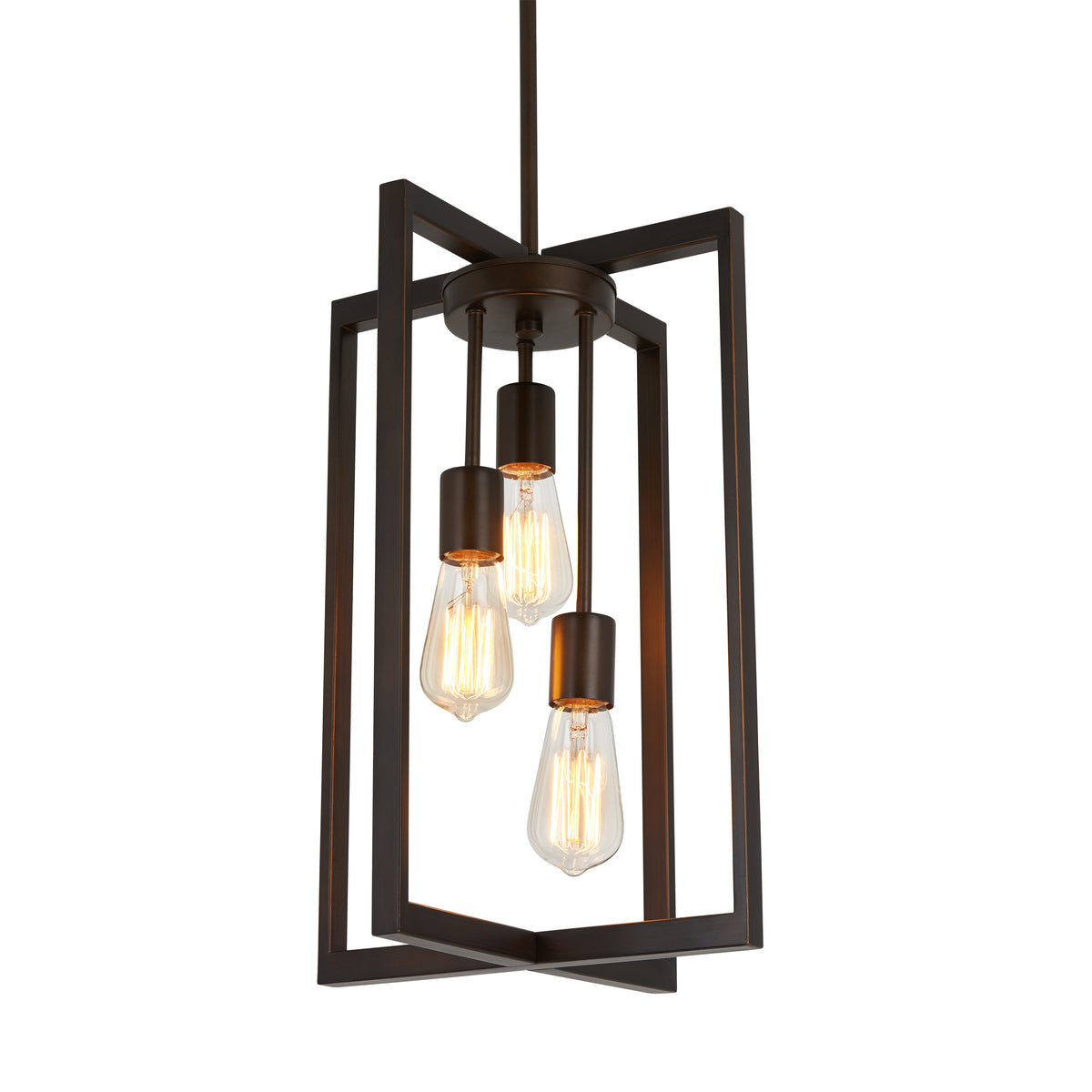 A modern pendant light fixture with three exposed Edison bulbs, each hanging at different heights, surrounded by an open rectangular metal frame with a dark bronze finish.