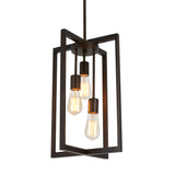 A modern pendant light fixture with three exposed Edison bulbs, each hanging at different heights, surrounded by an open rectangular metal frame with a dark bronze finish.