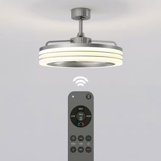 The Artika Horizon 23 in. LED modern ceiling fan with 3 speeds is mounted on the ceiling, controlled remotely by a wireless remote below—illustrating its convenient remote operation.