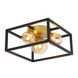 Modern ceiling light fixture with a black open rectangular frame, gold central mount, and three exposed round bulbs with a warm glow.
