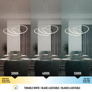 The Artika Swirl Butterfly LED contemporary pendant light (3 CCT) illuminates a dining room at warm white (3000K), neutral white (4000K), and cool white (5000K), each transforming the room’s ambiance and color.