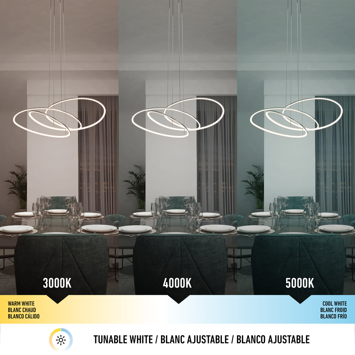 Three dining rooms are shown side by side with identical modern pendant lights, each under different color temperatures: warm white (3000K), neutral white (4000K), and cool white (5000K).