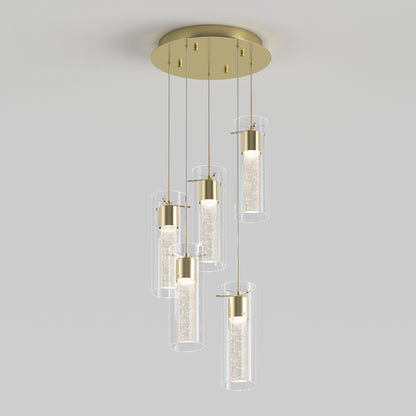 The Artika Essence 5-light LED pendant features a modern round gold base and five cylindrical glass pendants with gold accents, each suspended at different heights for a striking contemporary look.