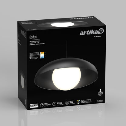 A black box showcases the Artika Boden LED modern mid-century pendant light (3 CCT), featuring its image, 50,000-hour lifespan, 1800 lumens, and energy efficiency details on a sleek gray background.
