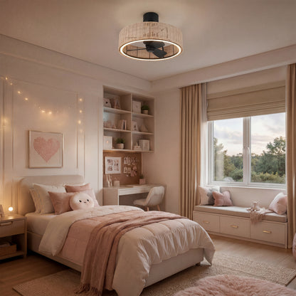 A cozy pink bedroom with bed, desk, window seat, shelves, and Artika’s Kalani 24″ LED fandelier ceiling fan with remote for comfort.