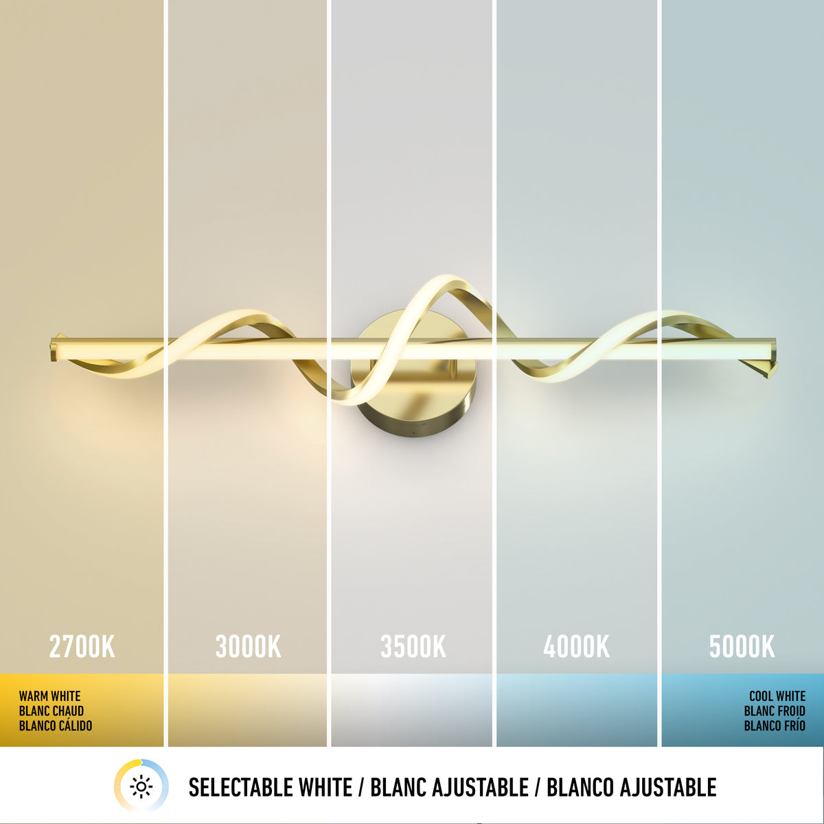 A modern wall-mounted light fixture is shown with five sections, each displaying a different white light color temperature from warm (2700K) to cool (5000K), demonstrating selectable white lighting options.