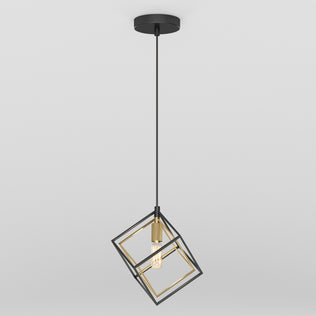 The Artika Imperium Single pendant light features a black and gold geometric metal cube frame, suspended by a black cord and ceiling mount, with an exposed bulb for a modern touch.