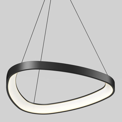 The Artika Bjorn modern LED pendant light 5 CCT features a sleek black oval design, suspended by three thin wires, casting a smooth LED glow against a plain light gray background.