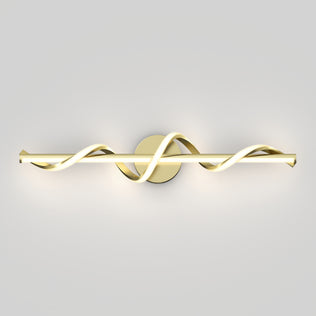 The Artika Coda modern LED bathroom vanity light 5 CCT features a circular base and two wavy, intertwined gold and white LED light bars mounted horizontally against a plain light gray background.