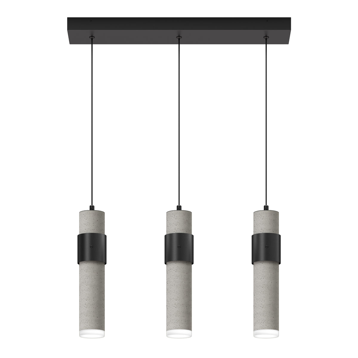 Three modern pendant lights with cylindrical concrete shades and black metal accents, hanging from a rectangular black ceiling mount by thin black cords, against a white background.