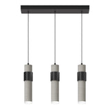 Three modern pendant lights with cylindrical concrete shades and black metal accents, hanging from a rectangular black ceiling mount by thin black cords, against a white background.