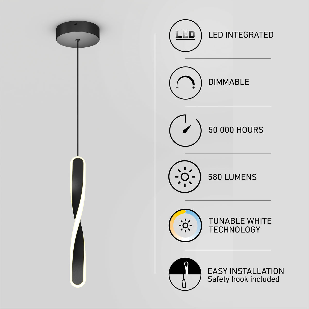 The Artika Finley modern LED pendant light 5 CCT features a minimalist twisted design, integrated dimmable LEDs, 50,000-hour lifespan, 580 lumens output, tunable white technology, and easy installation.