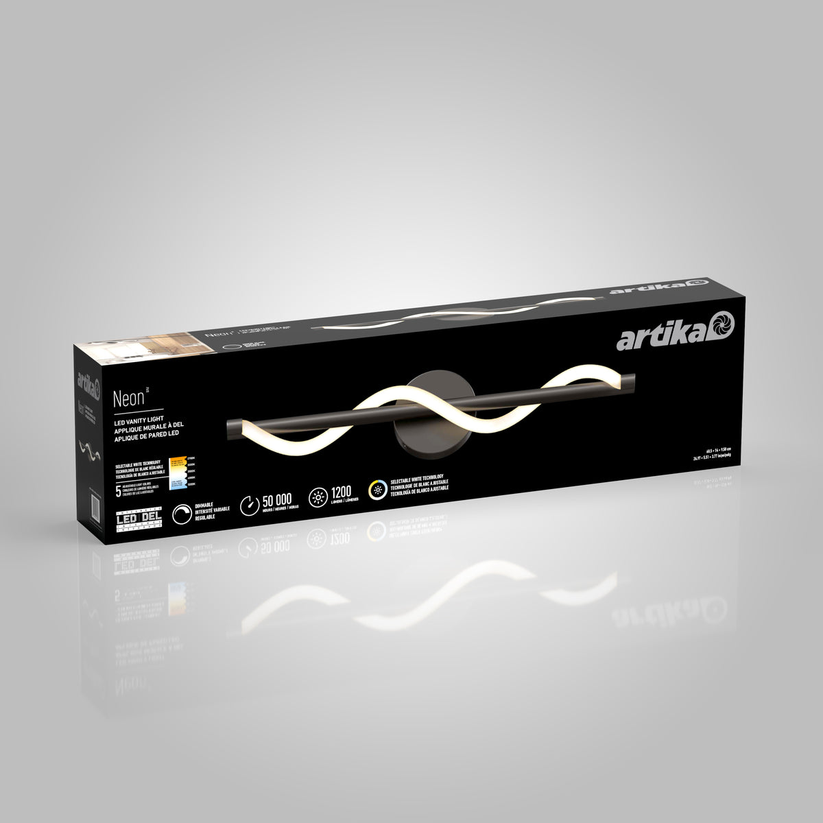 Rectangular black Artika box featuring a modern LED vanity light with a wavy white design, product name Neon, and specifications including 50,000 hours lifespan and 1200 lumens, shown against a gray gradient background.