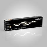 Rectangular black Artika box featuring a modern LED vanity light with a wavy white design, product name Neon, and specifications including 50,000 hours lifespan and 1200 lumens, shown against a gray gradient background.