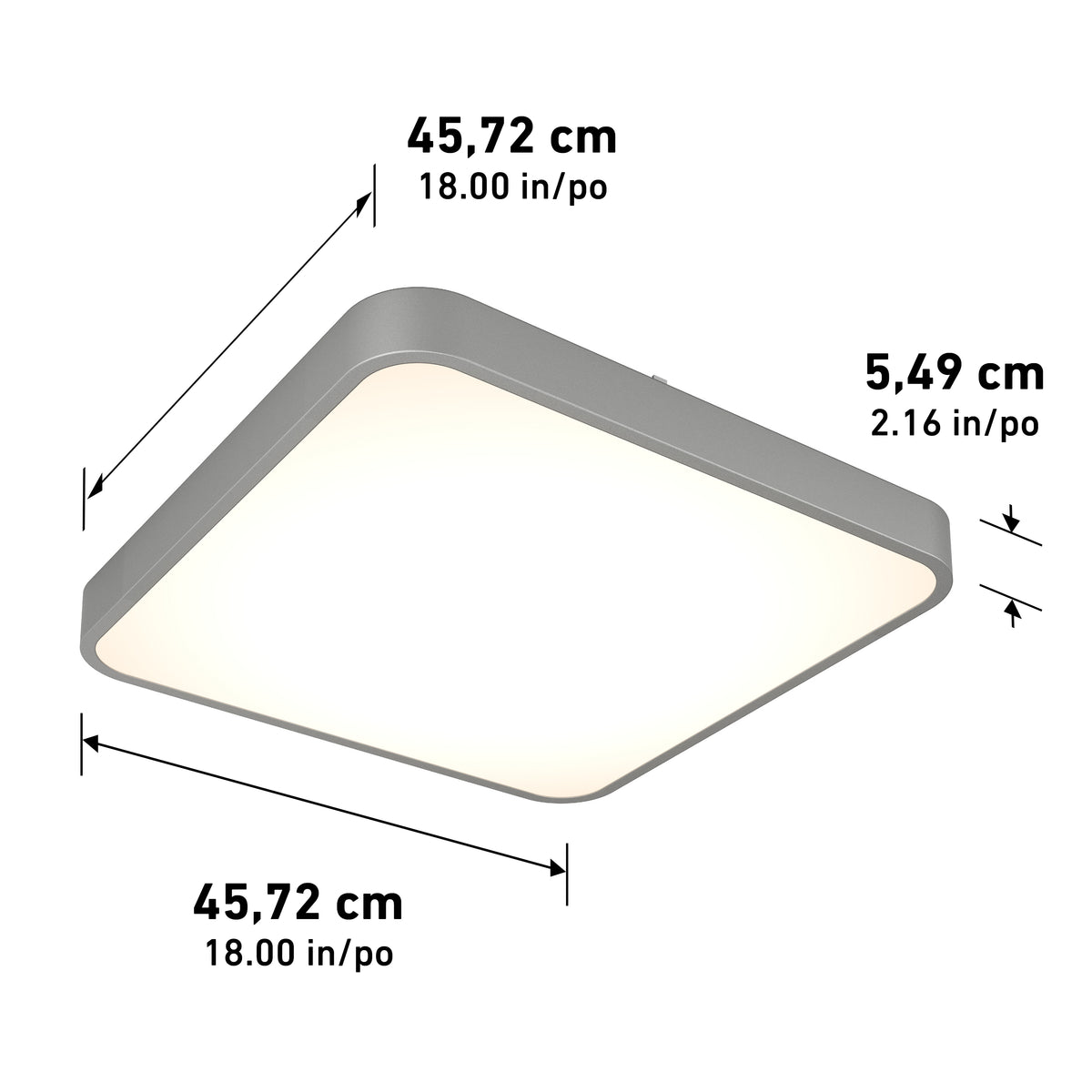 The Artika Europa 18 in. LED flush mount light with remote is a square ceiling fixture with rounded edges, measuring 45.72 cm (18 in) wide and long, and 5.49 cm (2.16 in) high.