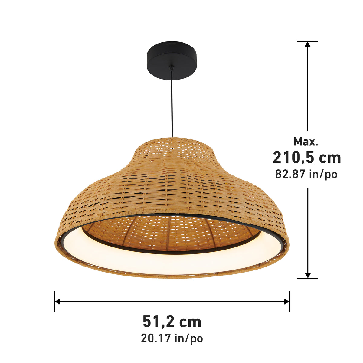 A woven rattan pendant light with a black ceiling mount. The lamp measures 51.2 cm wide (20.17 in) and hangs to a maximum height of 210.5 cm (82.87 in). Arrows and measurements indicate dimensions.