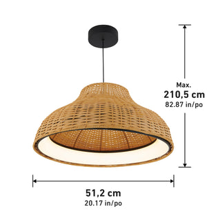The Artika Raina LED pendant light features a woven rattan shade, black ceiling mount, white interior, 51.2 cm (20.17 in) diameter, and max hanging length of 210.5 cm (82.87 in), with adjustable 5 CCT lighting options.