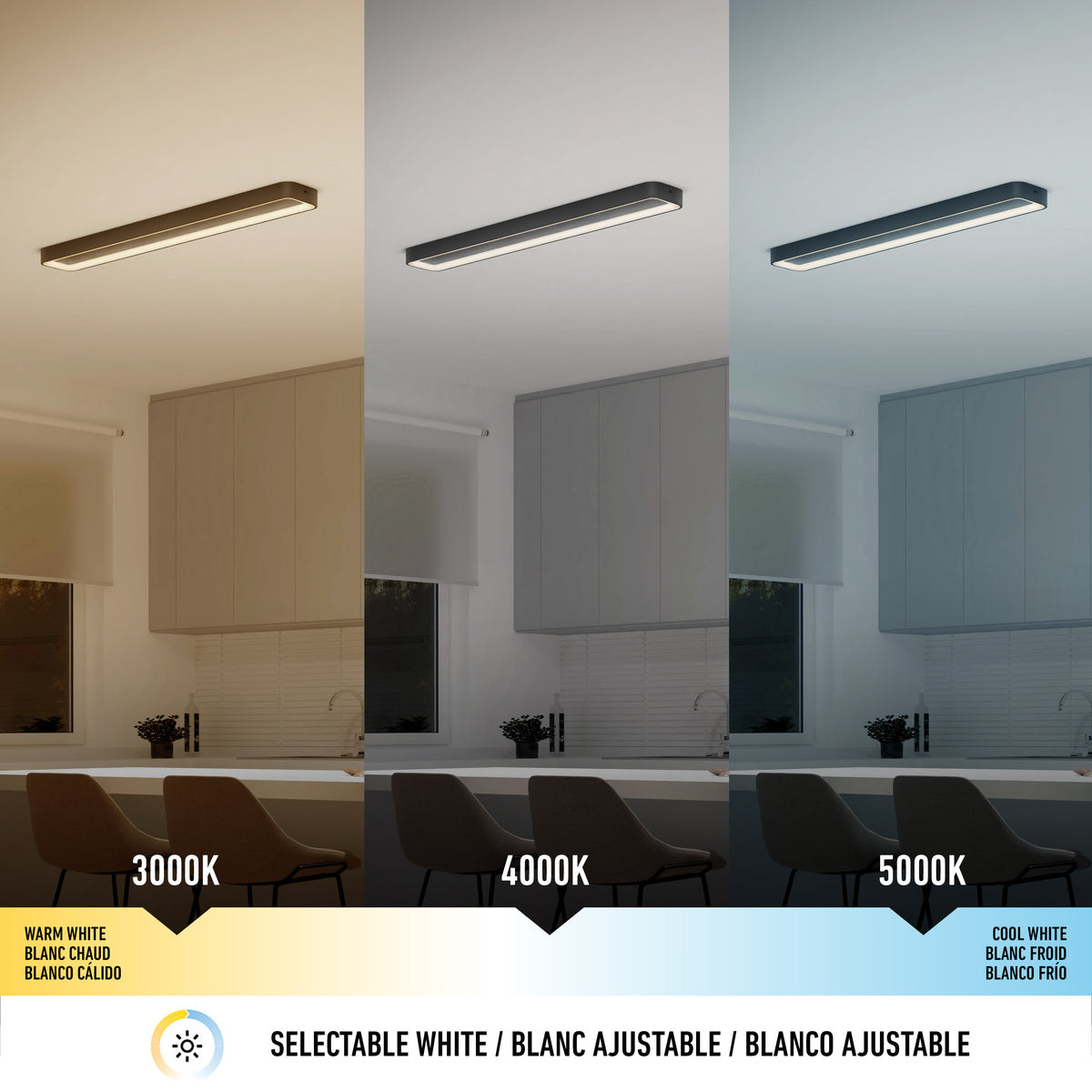 Comparison of the same room under different lighting: warm white at 3000K, neutral white at 4000K, and cool white at 5000K, above a kitchen table, with text and color scale at the bottom.