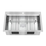 Stainless steel kitchen sink with a rectangular shape, a single basin, protective grid at the bottom, central drain hole, and a single faucet hole on the back edge.