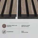 Two panels of slatted wood and felt for wall or ceiling use are shown above icons highlighting their features: natural wood (MDF) and felt, soundproofing, versatile usage, and easy installation.
