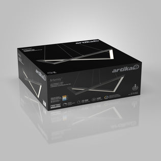 A black Artika Artemis LED pendant light 3 CCT box, featuring product images and features on the packaging, is displayed on a reflective gray surface.