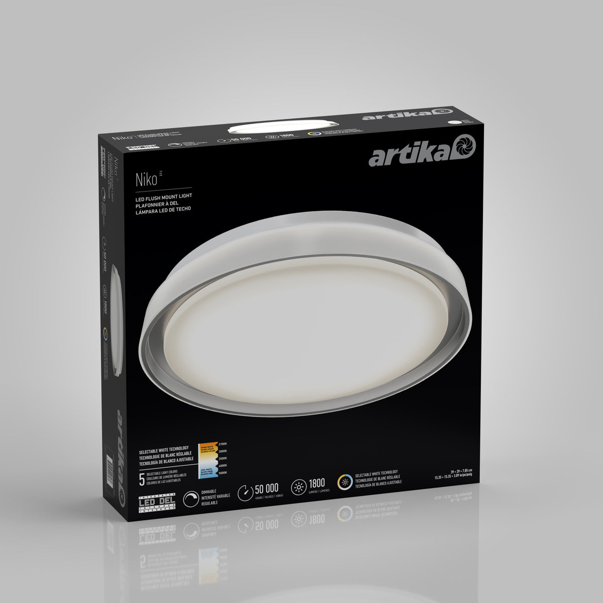A black and gray box containing an Artika Niko LED flush mount light, featuring a large image of the round light fixture on the front along with product details and specifications.