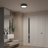 A modern entryway with light wood paneling, a large mirror, coat hooks with green jackets, a floating shelf with a vase, a cushioned bench, and a white door under a round ceiling light.