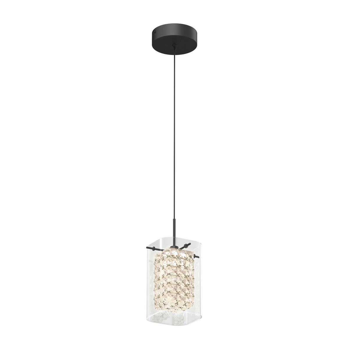 A modern pendant light with a black ceiling mount, a thin black cord, and a cylindrical crystal-like shade inside a clear rectangular outer cover, illuminated and hanging down.