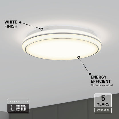 The Artika Emina 13 in. LED flush mount light features a white finish, integrated energy-efficient LED (no bulbs needed), 3 selectable color temperatures, and includes a 5-year warranty badge at the bottom right corner.