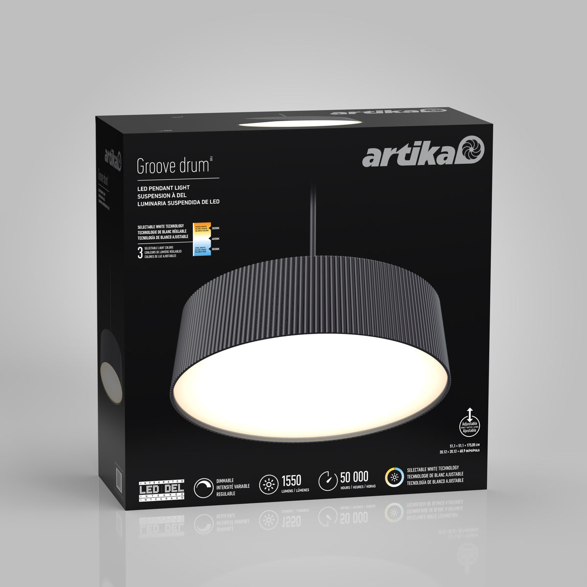 A black box displays the Artika Groove Drum LED contemporary pendant light 3 CCT, showing its ribbed dark shade, glowing white underside, and packaging with product features and specifications.