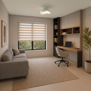 Artika Adara 15 in. (38 cm) Modern LED Flush Mount Ceiling Light 5 CCT in a home office with a sofa and desk.