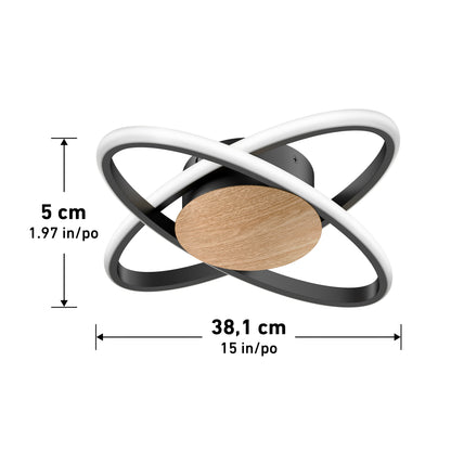 The Artika Atomic 15 in. LED flush mount light features two intersecting black and white rings and a wooden center, measuring 5 cm (1.97 in) tall and 38.1 cm (15 in) wide, with selectable color temperatures.