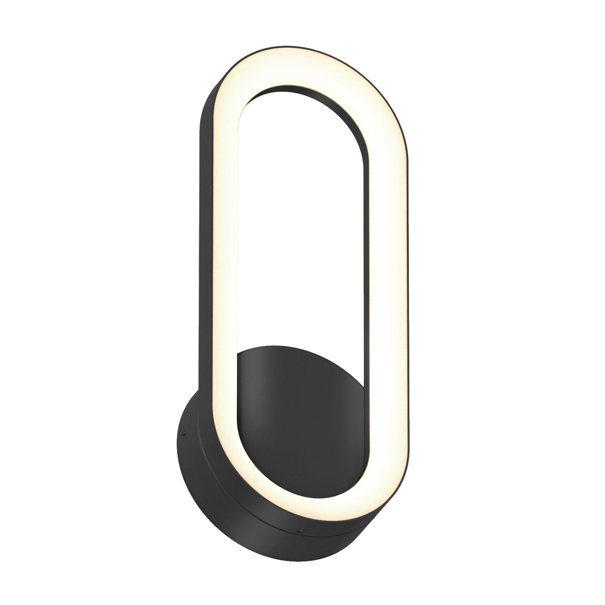 A modern wall sconce featuring an oval-shaped light with a black base and frame, emitting a soft, even glow around the inner edge.