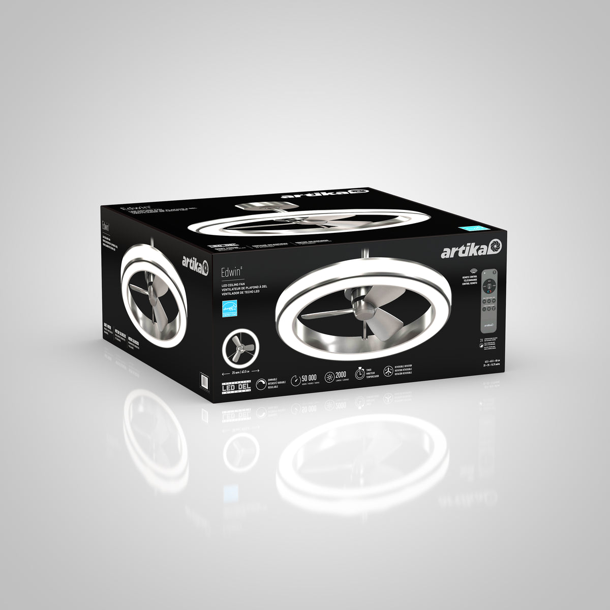 A black box displays the Artika Edwin LED ceiling fan with remote control. The box shows images of the circular fan with integrated light and features product details in white text.