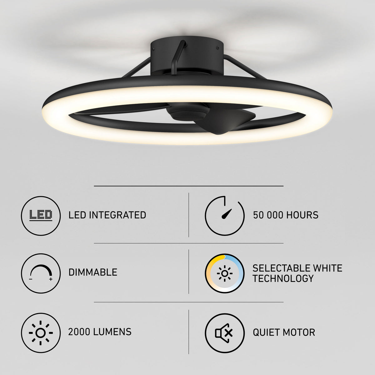 Artika Darren 23″ LED fandelier, dimmable 2000lm ring light, quiet motor, 50k hr life, remote included.