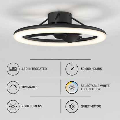Artika Darren 23″ LED fandelier, dimmable 2000lm ring light, quiet motor, 50k hr life, remote included.