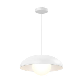 The Artika Boden LED modern mid-century pendant light 3 CCT features a sleek white dome-shaped shade and glowing round bulb, elegantly suspended from the ceiling by a thin cord.