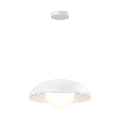The Artika Boden LED modern mid-century pendant light 3 CCT features a sleek white dome-shaped shade and glowing round bulb, elegantly suspended from the ceiling by a thin cord.
