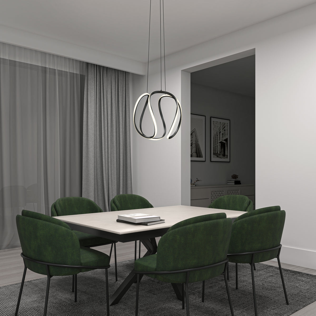 A minimalist dining room features a rectangular table, six green upholstered chairs, gray curtains, monochrome wall art, and the Artika Vivaldi Big LED pendant light for a modern touch.