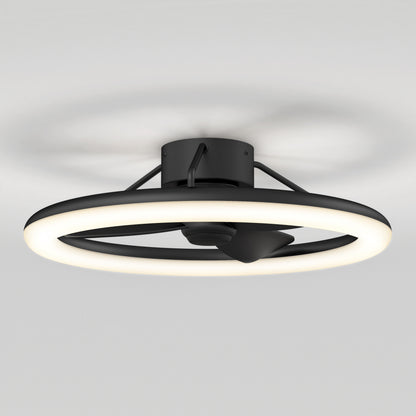 The Artika Darren 23 in. LED modern ceiling fan features a matte black finish, circular LED light ring, and enclosed blades. It mounts on a white ceiling and includes a remote for easy control.